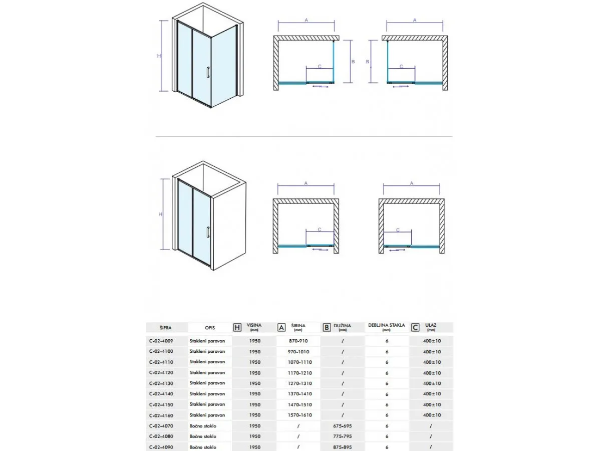 CONCEPT Tuš kabina  ATLAS 1000x700x1950 staklo 6mm providno C-02-4100/4070 