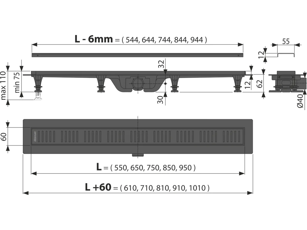 ALCA TUS KANALICA CRNA 550mm APZ10 