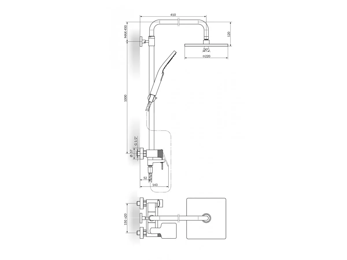 Stolz S2 Black Baterija Za Tuš Kadu Sa Usponskim Tušem 210X210Mm I Izlivom 237351B 