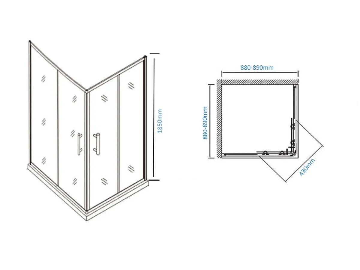 NKS Paravan 6005 90x90x185 mat staklo 6mm, plitka, silver, kompenzacioni profil KBJF00490S 