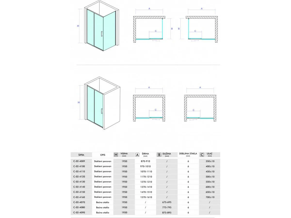 Concept tus kabina project 100x90x195cm 6mm providno staklo C-02-1000/1090 