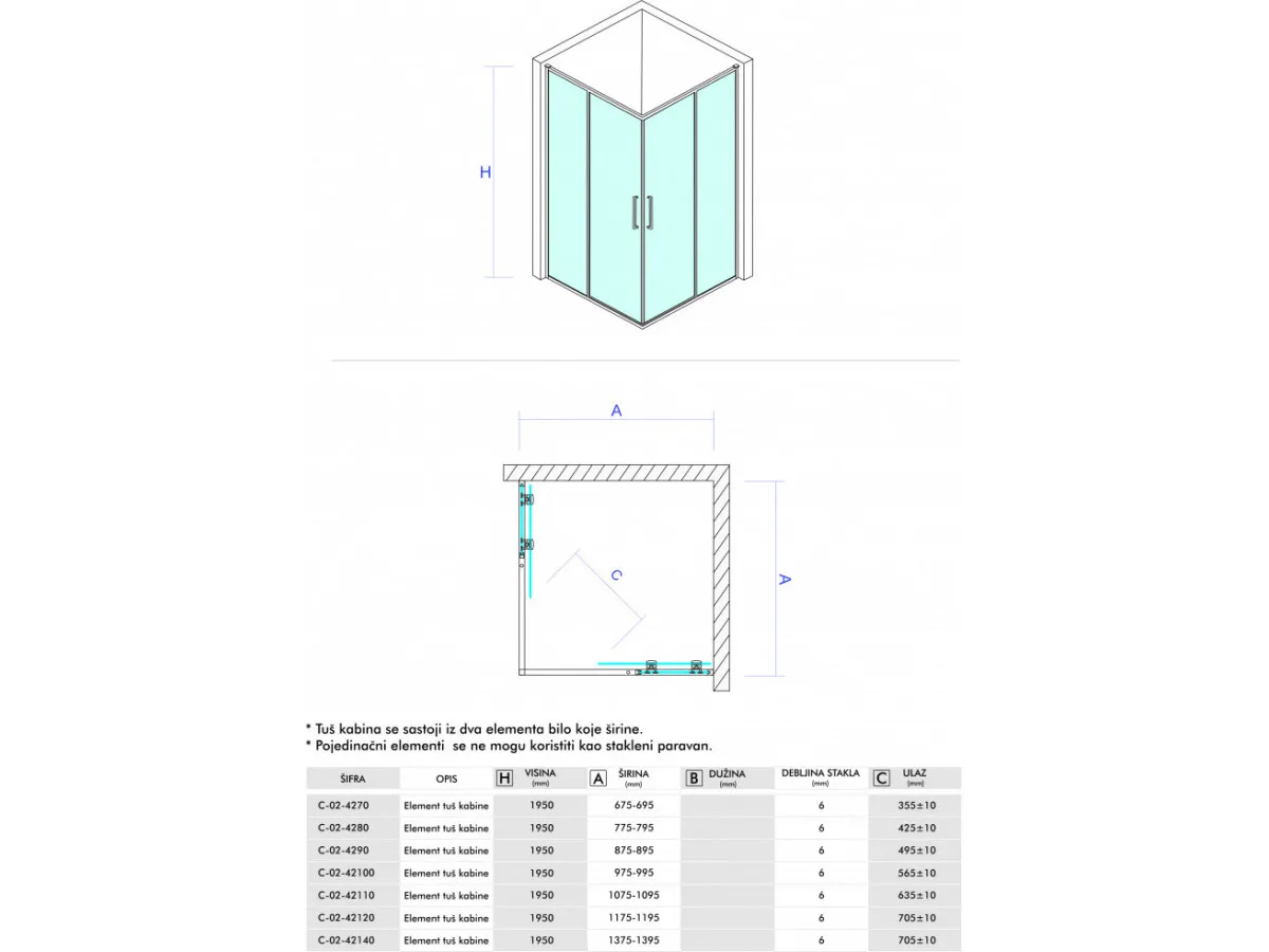 Concept tus kabina atlas element 100x100x195cm 6mm providno staklo C-02-42100/42100 