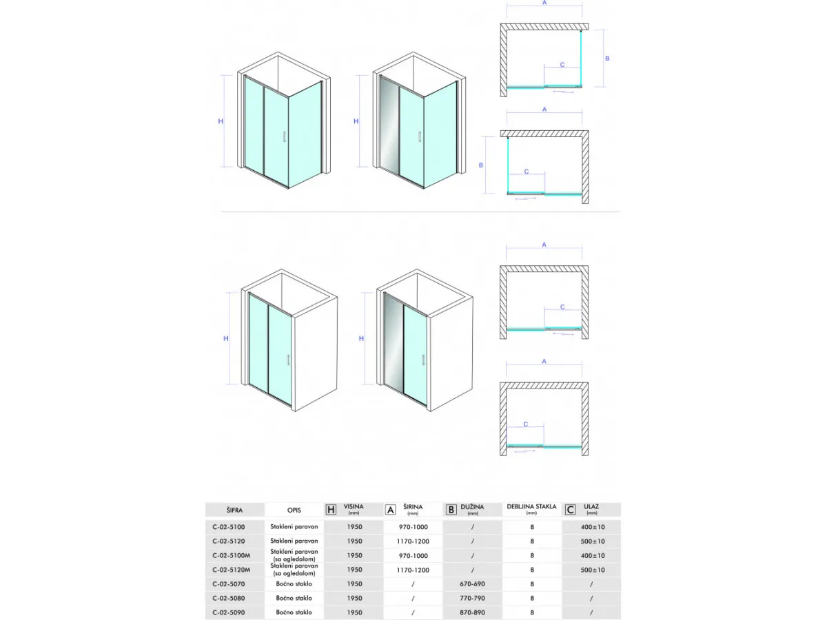 Concept tus kabina titan 100x70x195cm 8mm providnos taklo sa ogledalom C-02-5100M/5070 