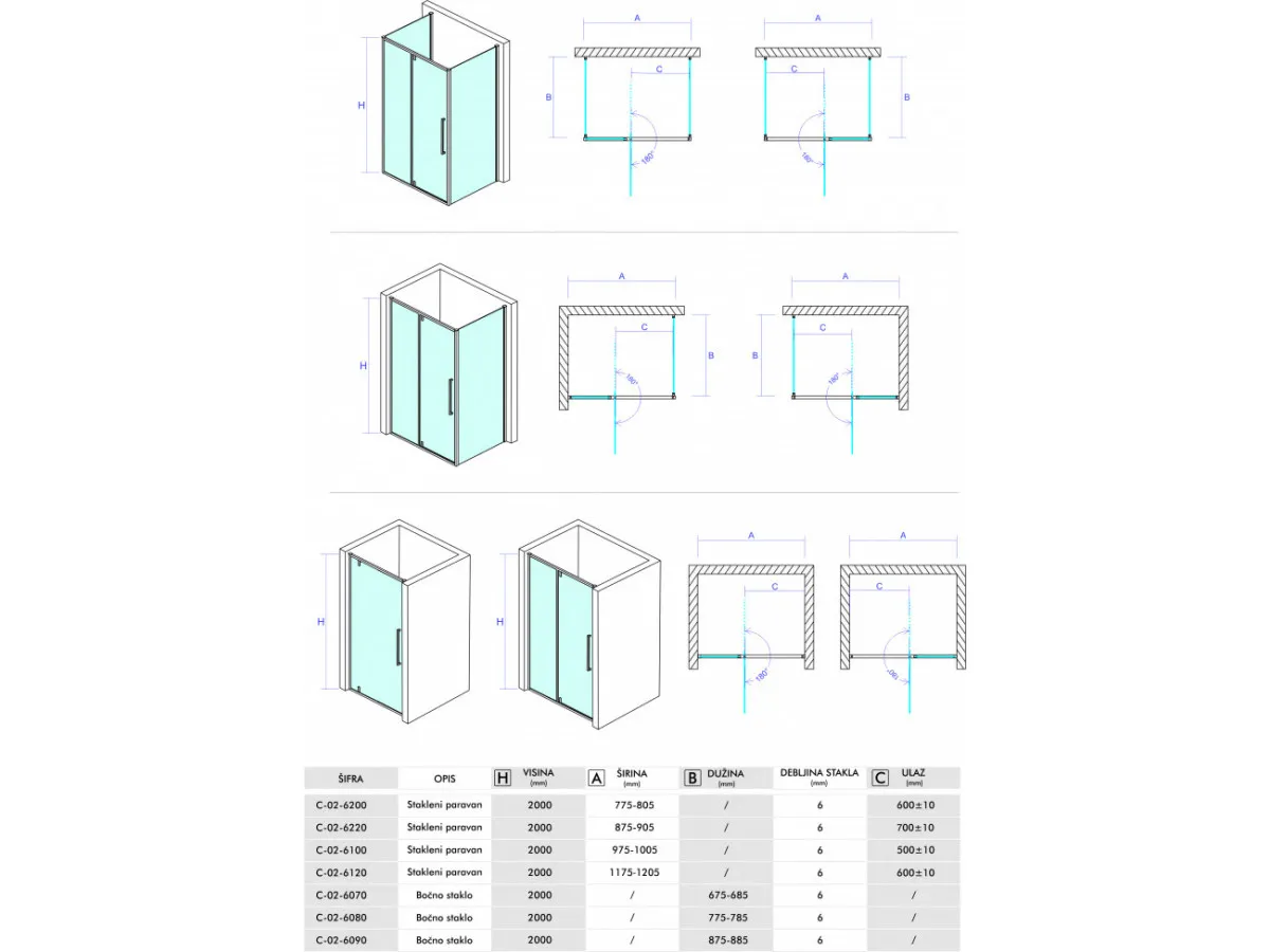 Concept tus kabina absolut 80x70x200cm 6mm providno staklo sa pivot vratima C-02-6200/6070 