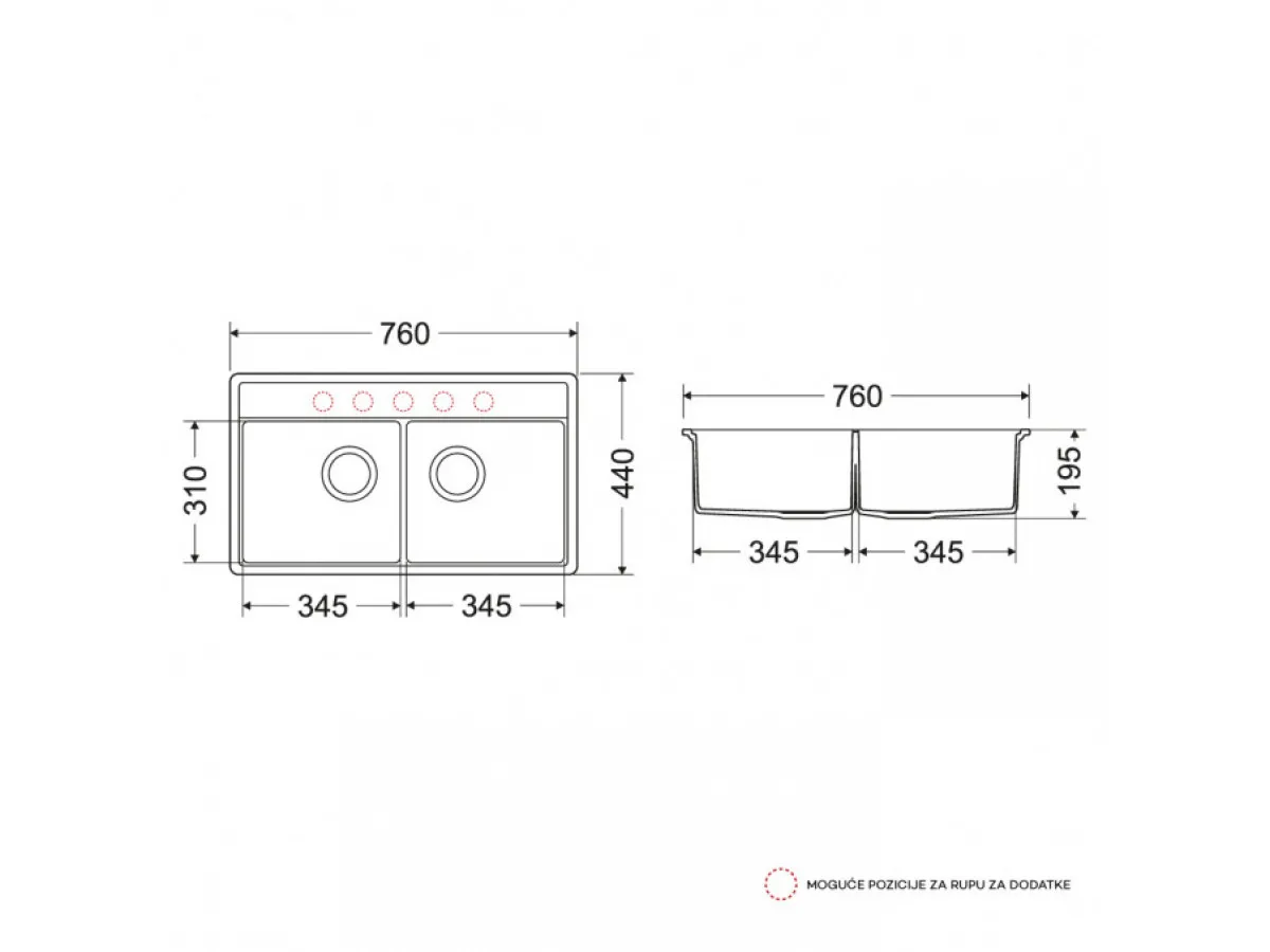 Milo Granitna sudopera MILO METRO 76x44 Lava stone sa sifonom dupla MET.L.2KBO 