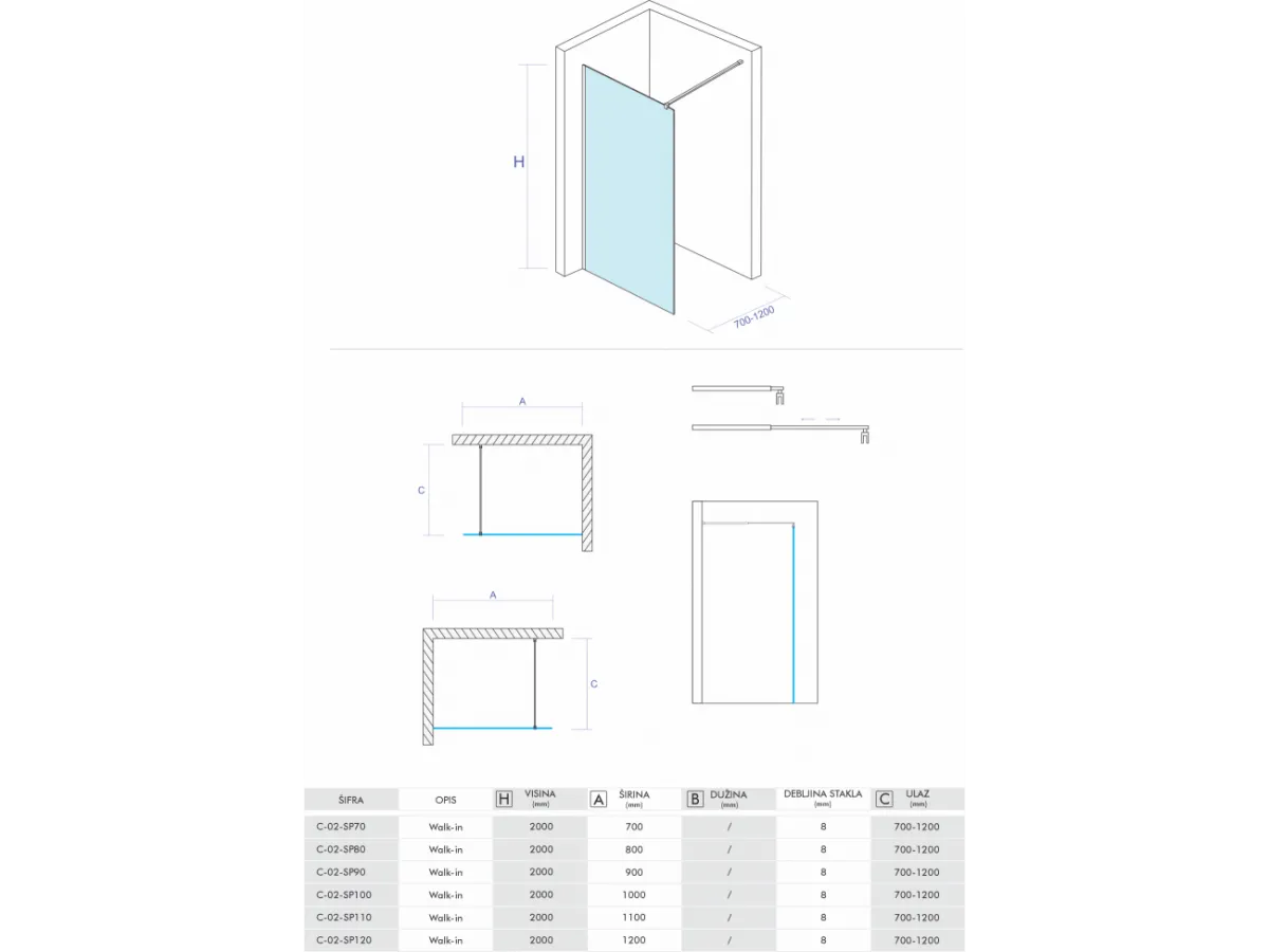 VU Tus paravan WALK IN 70 x 195cm 8mm (C-02-SP70) 