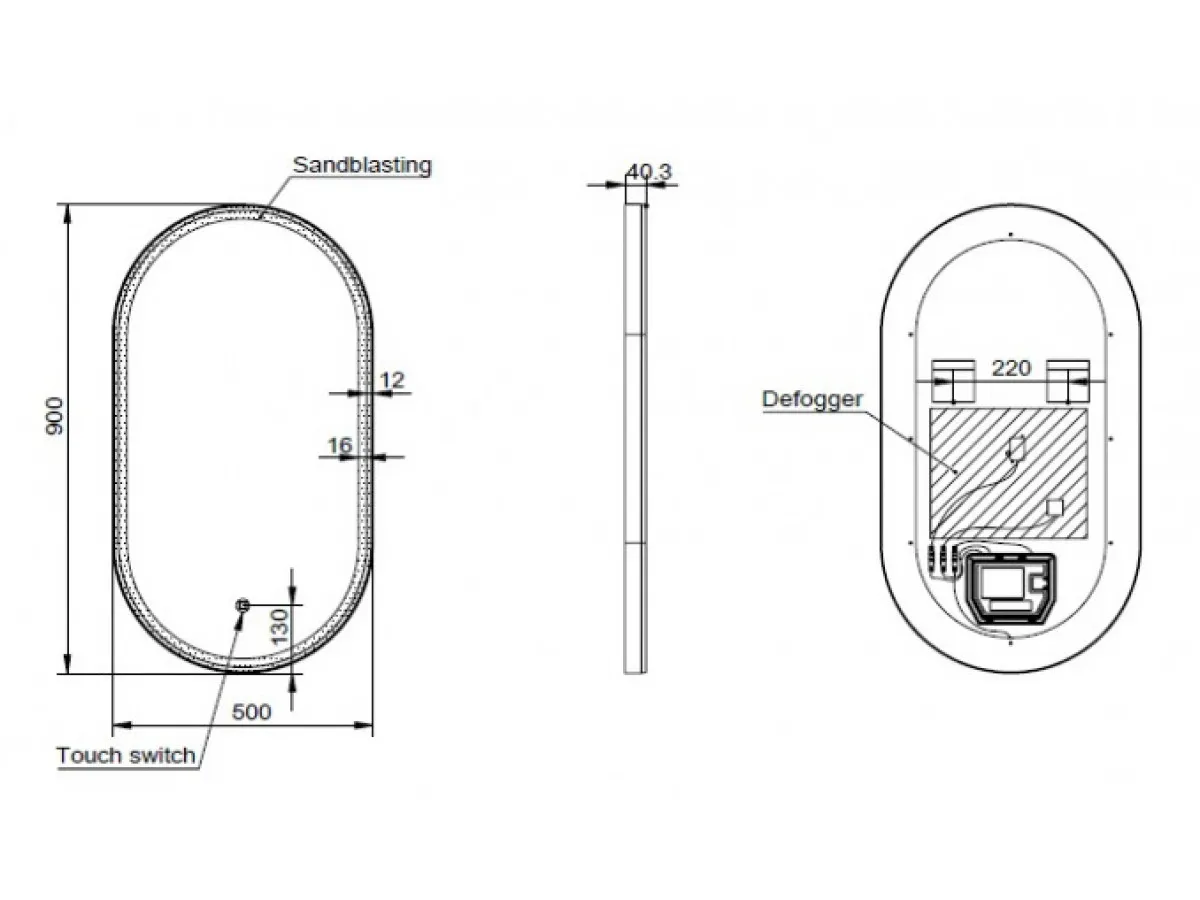 COPEN Ogledalo 500x900 sa alu ramom 40,6mm LED mat crno C-06-105MB 