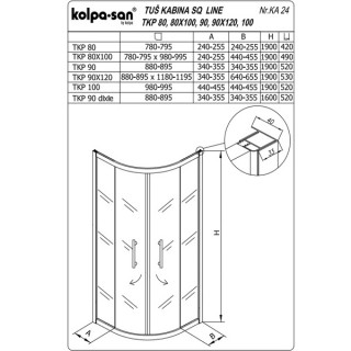 KOLPA SQ line TKP 90x120 S/K BELA 5/6 mm BELA/PROVIDNO h=190 - 511530 