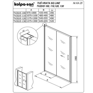 KOLPA TV2D/S SQ line 100 S/K BELA tus vrata 5/6 mm BELA/PROVIDNA h=190 - 511570 