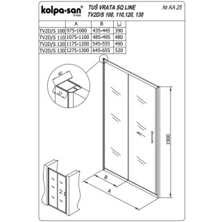 KOLPA TV2D/S SQ line 110 S/CH SILVER tus vrata 5/6 mm SILVER/CINCILA h=190 - 511600 