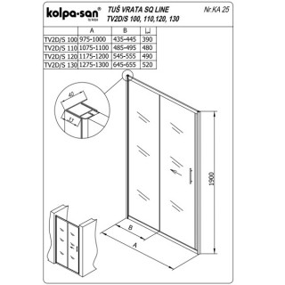 KOLPA TV2D/S SQ line 130 S/K BELA tus vrata 5/6 mm BELA/PROVIDNO h=190 - 511690 