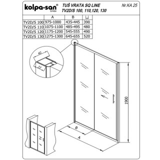 KOLPA TV2D/S SQ line 130 S/K SILVER tus vrata 5/6 mm SILVER/PROVIDNO h=190 - 511700 