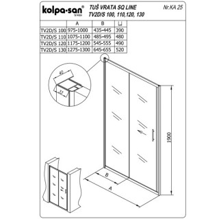 KOLPA TV2D/S SQ line 130 S/CH BELA tus vrata 5/6 mm BELA/CINCILA h=190 - 511670 