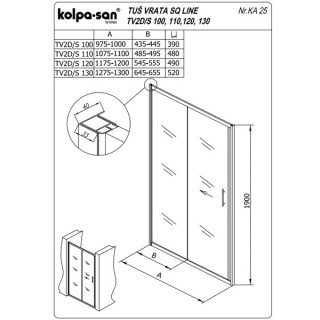 KOLPA TV2D/S SQ line 130 S/CH SILVERtus vrata 5/6 mm SILVER/CINCILA h=190 - 511680 