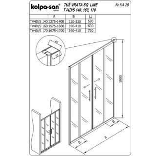 KOLPA TV4D/S SQ line 140 S/K SILVER tus vrata 5/6 mm SILVER/PROVIDNO h=190 - 511740 