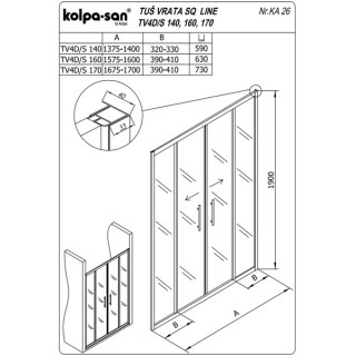 KOLPA TV4D/S SQ line 140 S/CH SILVER tus vrata 5/6 mm SILVER/CINCILA h=190 - 511720 