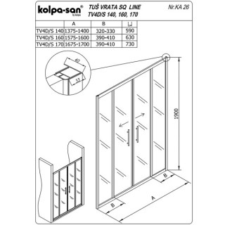 KOLPA TV4D/S SQ line 160 S/K SILVER tus vrata 5/6 mm SILVER/PROVIDNO h=190 - 511780 