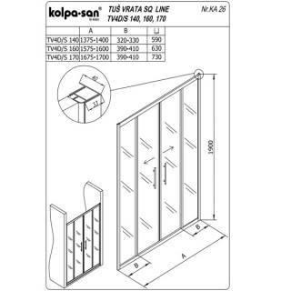 KOLPA TV4D/S SQ line 160 S/CH SILVER tus vrata 5/6 mm SILVER/CINCILA h=190 - 511760 