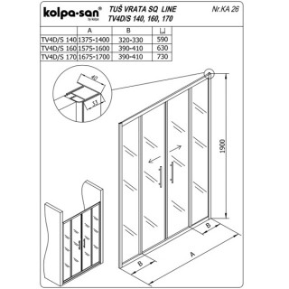 KOLPA TV4D/S SQ line 170 S/K BELA tus vrata 5/6 mm BELA/PROVIDNO h=190 - 511810 