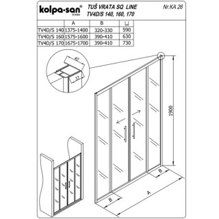 KOLPA TV4D/S SQ line 170 S/K SILVER tus vrata 5/6 mm SILVER/PROVIDNO h=190 - 511820 