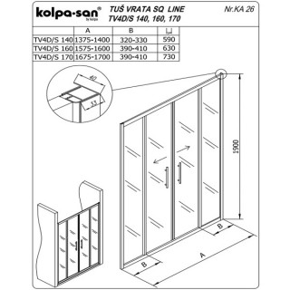 KOLPA TV4D/S SQ line 170 S/CH SILVER tus vrata 5/6 mm SILVER/CINCILA h=190 - 511800 