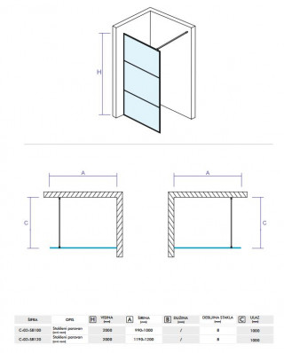 CONCEPT Stakleni paravan  MONTE 1200x2000 crni mat ram 8mm staklo C-02-SB120 