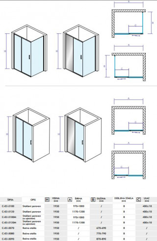 CONCEPT Stakleni paravan  TITAN 1000x1950 staklo 8mm providno sa ogledalom C-02-5100M 