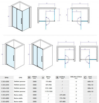 CONCEPT Tuš kabina  ABSOLUT 1000x800x2000 staklo 6mm providno sa pivot vratima C-02-6100/6080 