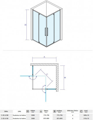 CONCEPT Tuš kabina  ABSOLUT 800x800x2000 staklo 6mm providno sa pivot vratima C-02-6180 