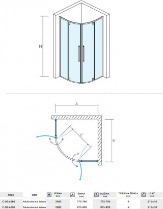 CONCEPT Tuš kabina  ABSOLUT R800x2000 staklo 6mm providno sa pivot vratima C-02-6280 