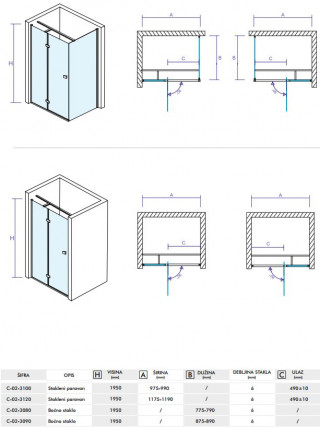 CONCEPT Tuš kabina  FONTA 1000x800x1950 staklo 6mm providno C-02-3100/3080 