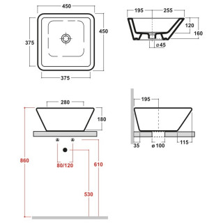 OLYMPIA nadgradni umivaonik kvadratni 45x45cm h-18cm - LIL4B45001 