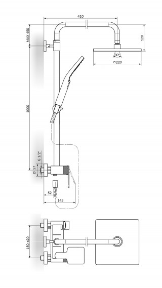 Stolz S2 Black Baterija Za Tuš Kadu Sa Usponskim Tušem 210X210Mm 237251B 