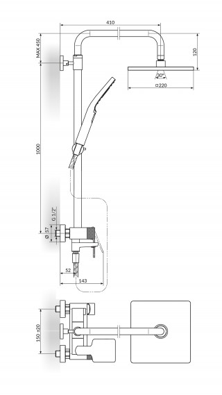 Stolz S2 Black Baterija Za Tuš Kadu Sa Usponskim Tušem 210X210Mm I Izlivom 237351B 