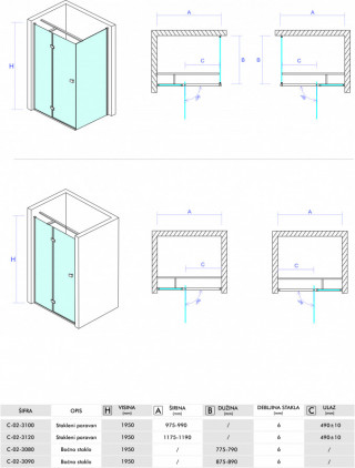 Concept tus kabina fonta 100x80x195cm 6mm providno staklo C-02-3100/3080 