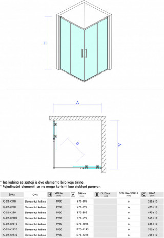 Concept tus kabina atlas element 70x80x195cm 6mm providno staklo C-02-4270/4280 