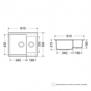 Milo Granitna sudopera MILO RETTO 61x50 Lava stone sa sifonom dupla RET.L.5KBO 