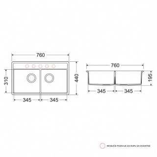 Milo Granitna sudopera MILO METRO 76x44 Lava stone sa sifonom dupla MET.L.2KBO 