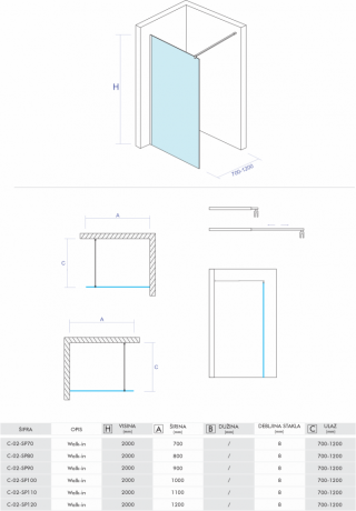 VU Tus paravan WALK IN 70 x 195cm 8mm (C-02-SP70) 