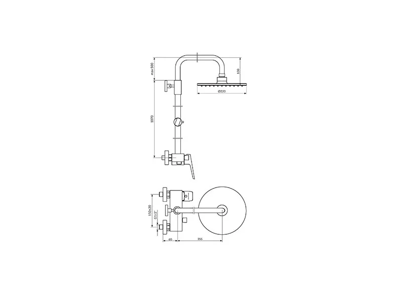 Stolz White Baterija Za Tus Kadu Sa Kvadratnim Usponskim Tusem 250X250Mm 137252W 