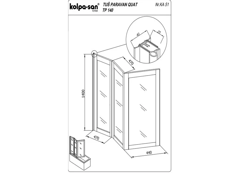 KOLPA TP QUAT 140 UNI - trodelni paravan,POLISTIREN,BELI,sirina =135 h=140  - 944180 