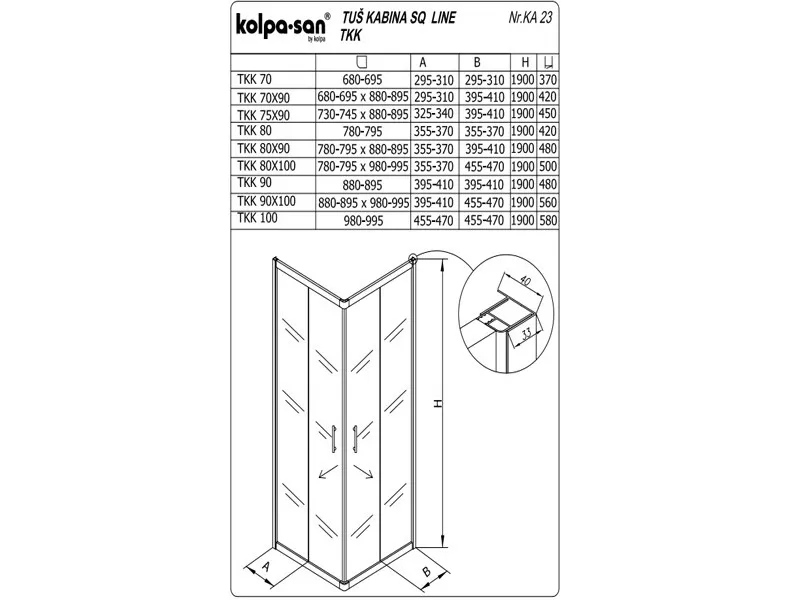 KOLPA SQ line TKK 70x90 S/K BELA 5/6 mm BELA/PROVIDNO h=190 - 511230 