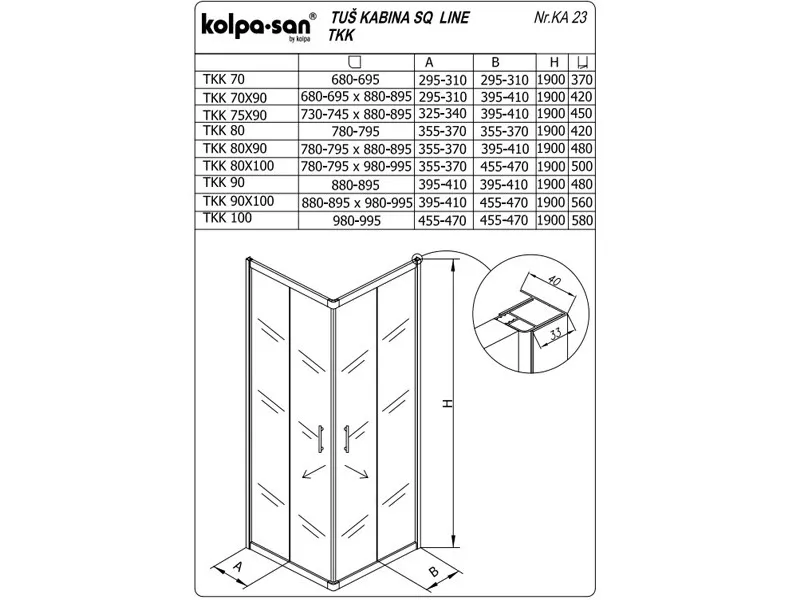 KOLPA SQ line TKK 70x90 S/CH BELA 5/6 mm BELA/CINCILA h=190 - 511210 
