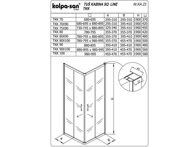 KOLPA SQ line TKK 80x90 S/K SILVER 5/6 mm SILVER/PROVIDNO h=190 - 511360 