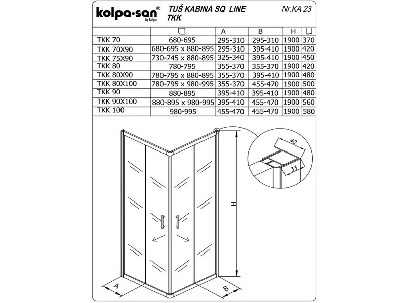 KOLPA SQ line TKK 80x100 S/CH BELA 5/6 mm BELA/CINCILA h=190 - 511290 