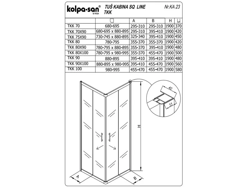 KOLPA SQ line TKK 90x100 S/K SILVER 5/6 mm SILVER/PROVIDNO h=190 - 511400 