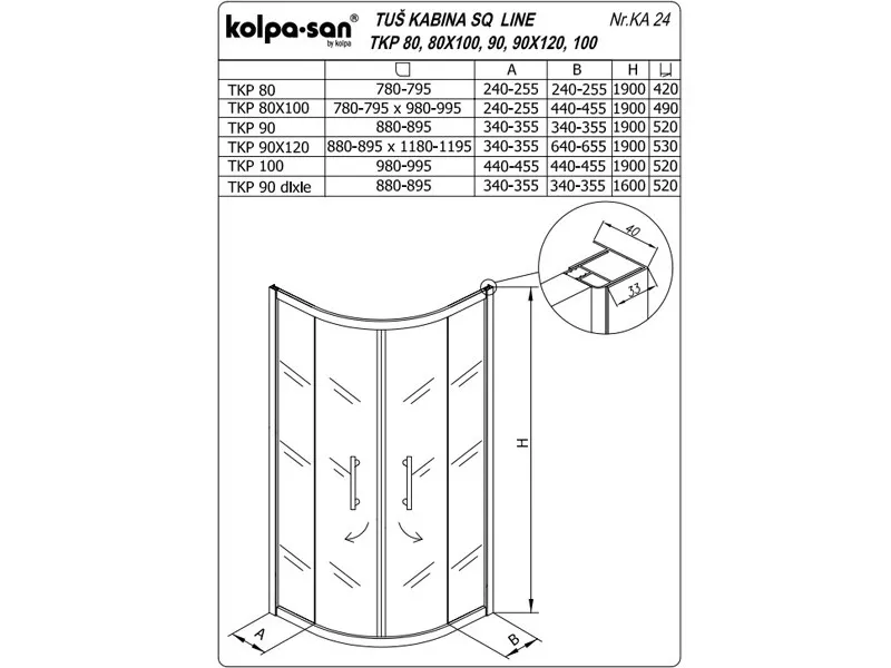 KOLPA SQ line TKP 80 S/CH BELA 5/6 mm BELA/CINCILA h=190 - 511050 