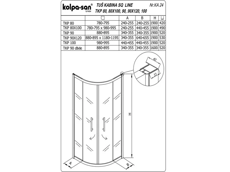 KOLPA SQ line TKP 80x100 S/CH BELA 5/6 mm BELA/CINCILA h=190 - 511450 