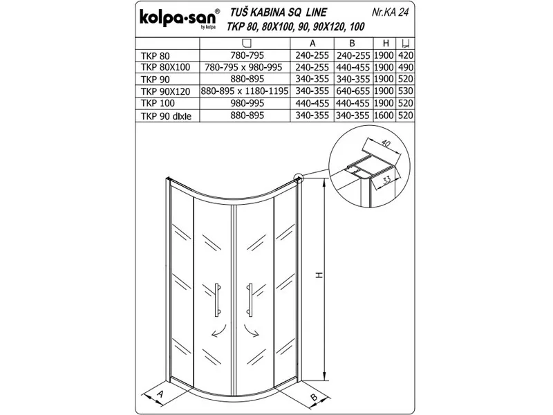 KOLPA SQ line TKP 90 S/CH BELA 5/6 mm BELA/CINCILA h=190 - 511090 