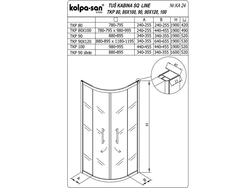 KOLPA SQ line TKP 90x120 S/K BELA 5/6 mm BELA/PROVIDNO h=190 - 511530 